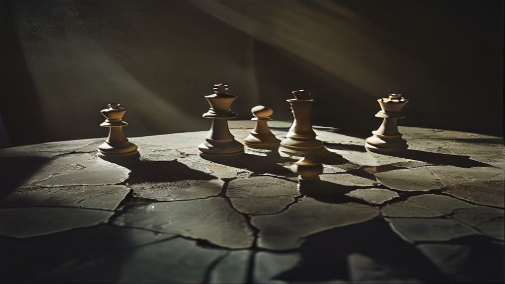 Six chess pieces on a cracked glass surface, some fallen, some standing — a metaphor for which agency revenue models survive