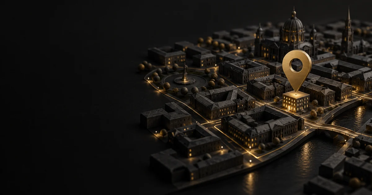 Illustration: a dark city model with a gold location marker
