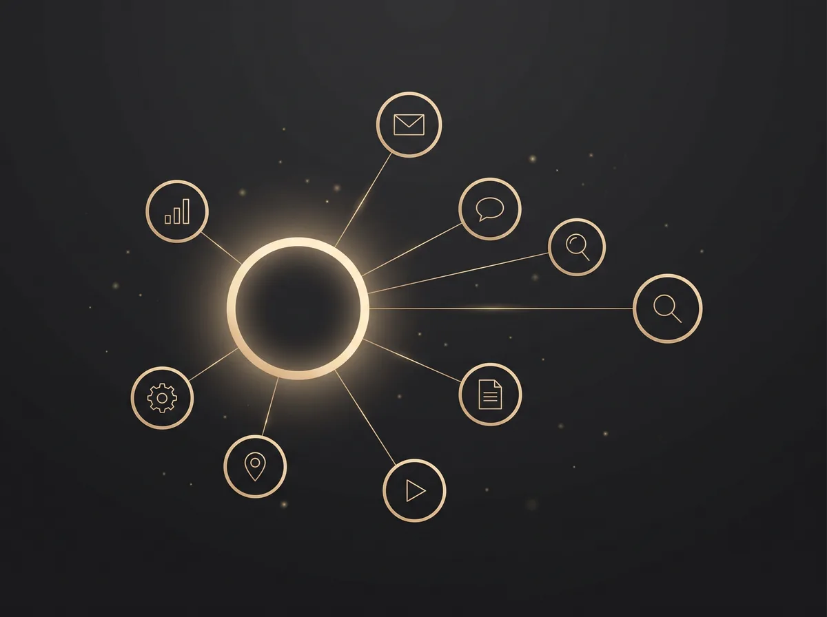 One person at the centre, connected to several AI agents for reporting, inquiries, content and ads