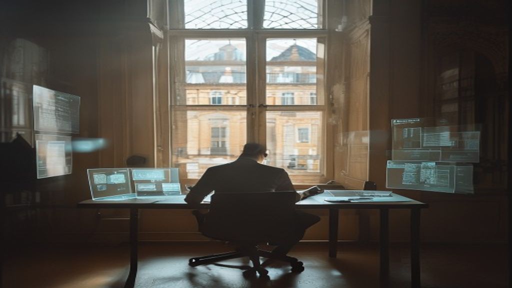 Ein KI Marketing Freelancer in Wien arbeitet mit mehreren KI-Oberflächen — Blick aus Fenster auf klassische Wiener Architektur