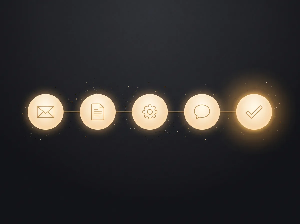 Five connected golden nodes symbolising an automated flow from inquiry to confirmation