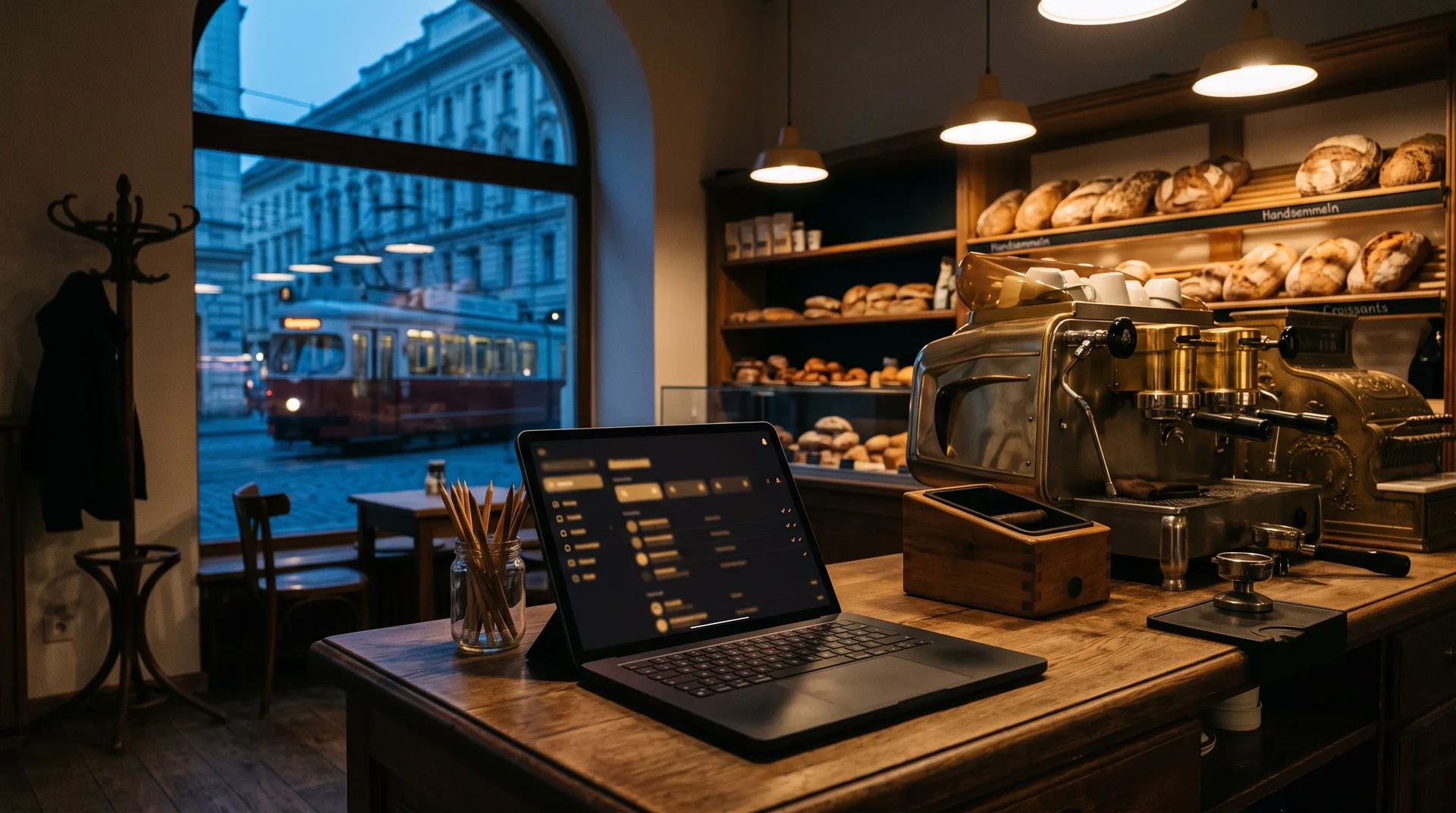 Counter of a Viennese café early in the morning with tablet and laptop before opening