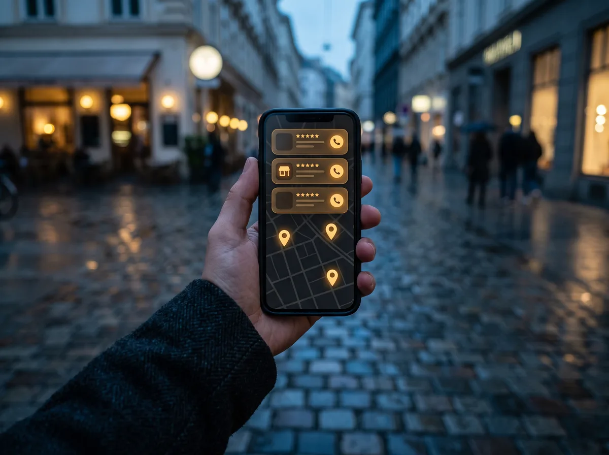 Smartphone showing Google Maps results for a local search in Vienna