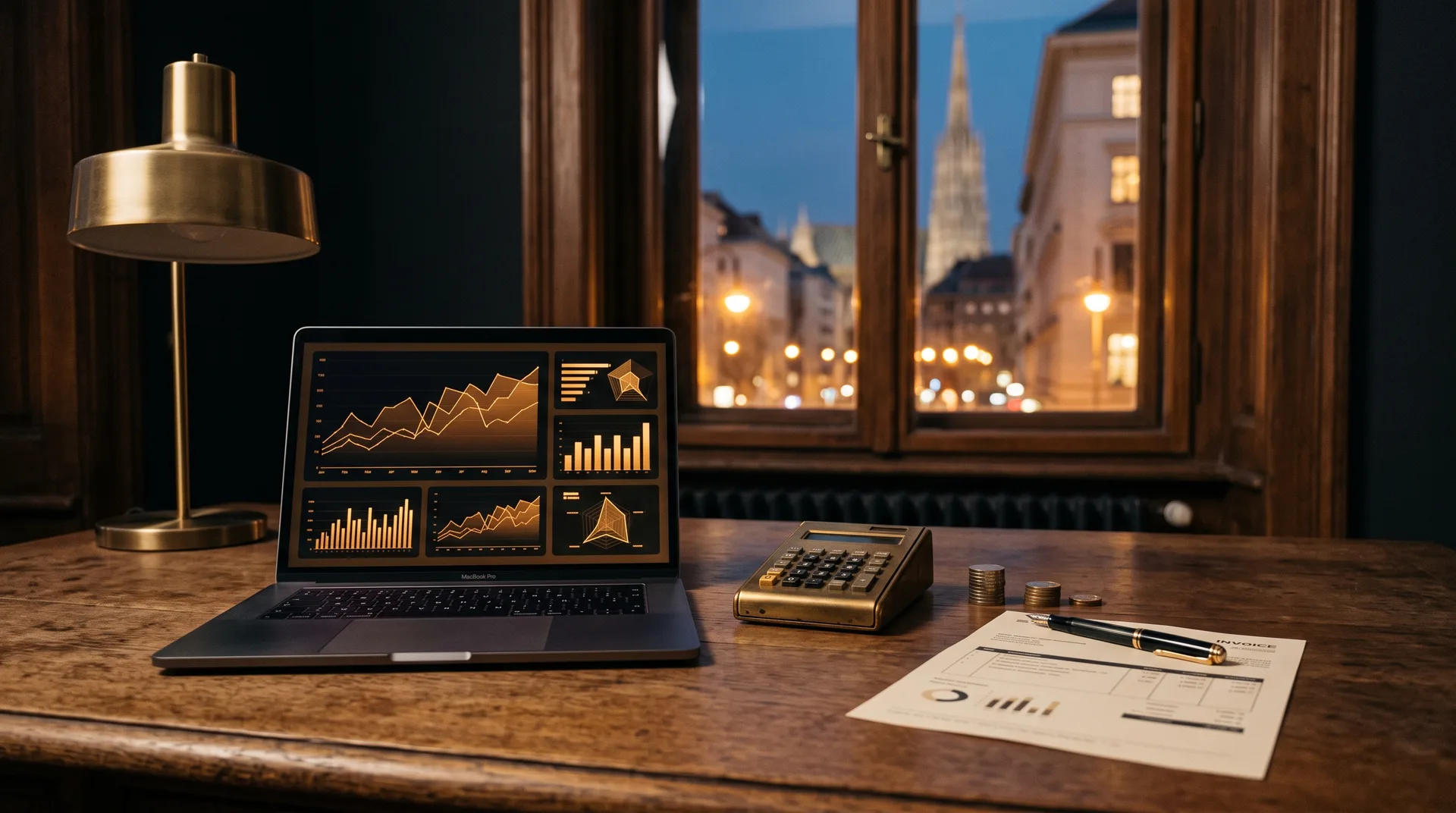 Desk in a Viennese Altbau office with laptop, calculator and euro coins in the evening